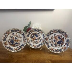 Booths Dovedale Ironstone Plates Blue Brown Floral Gold Trim England Set Of 3